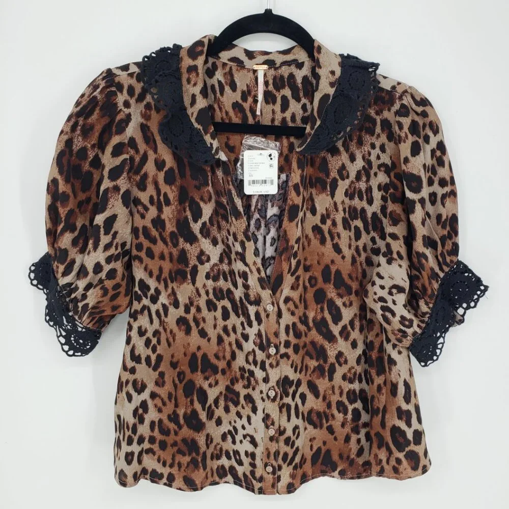 Free People Red Leopard Print Button Front Top with Black Trim